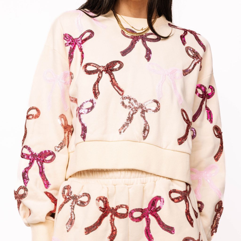 New Queen Of Sparkles-Beige, Pink & Red Bow Sweatshirt